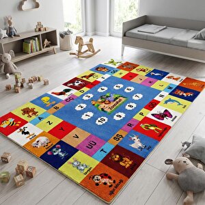Türkçe Eğitici Hayvanlar Ve Alfabe Temalı Halı Kaymaz Dijital Baskı Çocuk Oyun Halısı 120x450 cm