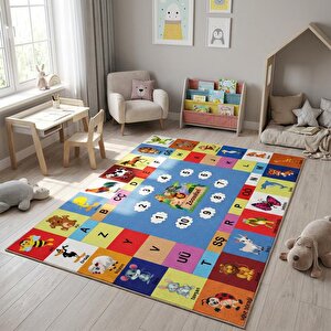 Türkçe Eğitici Hayvanlar Ve Alfabe Temalı Halı Kaymaz Dijital Baskı Çocuk Oyun Halısı 120x450 cm