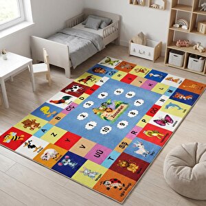 Türkçe Eğitici Hayvanlar Ve Alfabe Temalı Halı Kaymaz Dijital Baskı Çocuk Oyun Halısı 160x300 cm