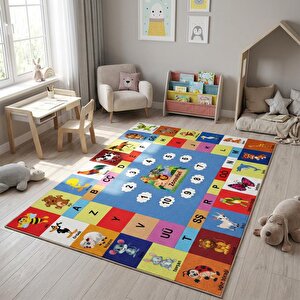 Türkçe Eğitici Hayvanlar Ve Alfabe Temalı Halı Kaymaz Dijital Baskı Çocuk Oyun Halısı 160x300 cm