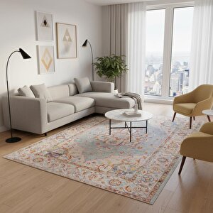 Mavi Turuncu Vintage Desenli Dijital Baskılı, Kaymaz Tabanlı, Yıkanabilir Antibakteriyel Halı 120x120 cm