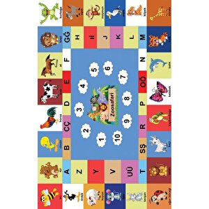 Türkçe Eğitici Hayvanlar Ve Alfabe Temalı Halı Kaymaz Dijital Baskı Çocuk Oyun Halısı