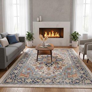 Mavi-krem Otantik Halı Dijital Baskılı, Kaymaz Tabanlı, Yıkanabilir Leke Tutmaz Antibakteriyel 200x290 cm