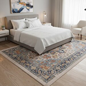 Mavi-krem Otantik Halı Dijital Baskılı, Kaymaz Tabanlı, Yıkanabilir Leke Tutmaz Antibakteriyel 200x950 cm
