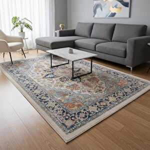 Mavi-krem Otantik Halı Dijital Baskılı, Kaymaz Tabanlı, Yıkanabilir Leke Tutmaz Antibakteriyel 200x950 cm