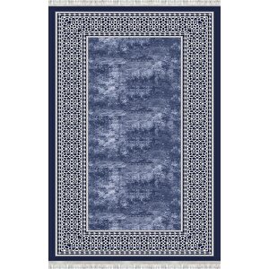 Lacivert Zemin Gümüş Detaylı Oryantal Bordürlü Dijital Baskılı Kaymaz Tabanlı Yıkanabilir Halı