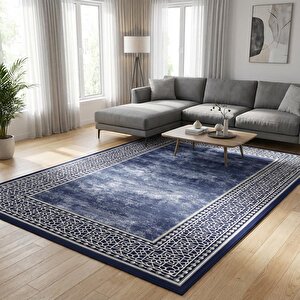 Lacivert Zemin Gümüş Detaylı Oryantal Bordürlü Dijital Baskılı Kaymaz Tabanlı Yıkanabilir Halı 80x350 cm