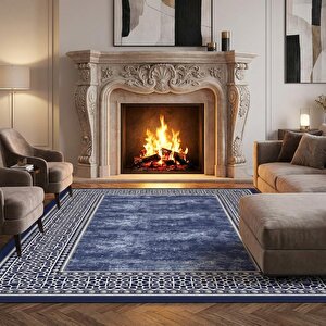 Lacivert Zemin Gümüş Detaylı Oryantal Bordürlü Dijital Baskılı Kaymaz Tabanlı Yıkanabilir Halı 80x350 cm