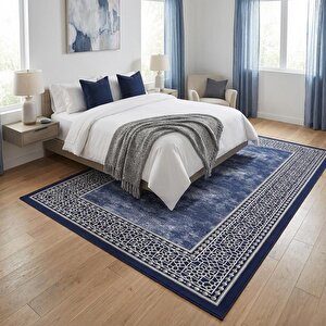 Lacivert Zemin Gümüş Detaylı Oryantal Bordürlü Dijital Baskılı Kaymaz Tabanlı Yıkanabilir Halı 80x350 cm