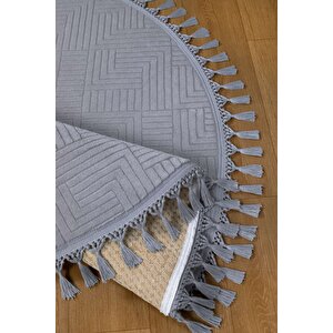 Rölyef Aden Daire Gri Kaymaz Taban Kesme Halı Pon Pon 150x150 cm