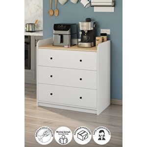 3 Çekmeceli Dolap 6 Bölmeli Çok Amaçlı Dolap Mutfak Dolabı Kahve Köşesi Begüm Safir Meşe Beyaz