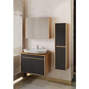 Luna 80 Cm Tezgahlı, Aynalı Banyo Dolabı Seti, Seramik Lavabo Dahil