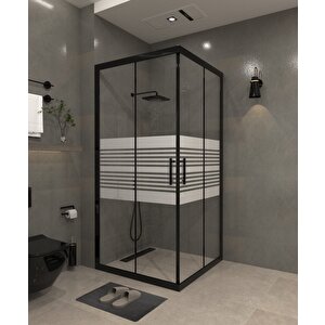 120 X 120 Kumlama  Cam Desen 06   Kare Köşe Girişli Kabin Siyah Profil 6mm 120x120 cm