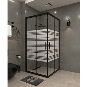 90 X 90 Kumlama  Cam Desen 07   Kare Köşe Girişli Kabin Siyah Profil 6mm 90x90 cm