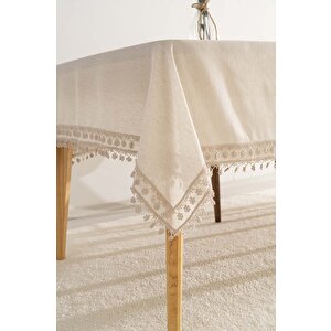 Elegant Bej Çift Sıra Güpür Masa Örtüsü 160x220 Cm