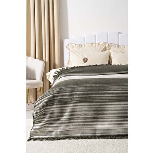 Veloura Haki Çift Kişilik Püsküllü Battaniye