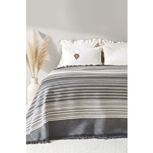 Veloura Antrasit Çift Kişilik Püsküllü Battaniye