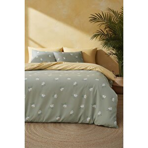 Yeşil Papatya Çift Kişilik Naturel İpeksi Nevresim Takımı