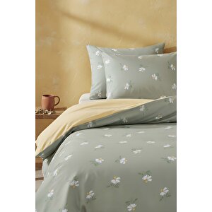 Yeşil Papatya Çift Kişilik Naturel İpeksi Nevresim Takımı