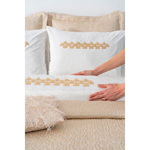 Parla Cappuccino Nakışlı Çift Kişilik Nevresimli Pike Seti - 8 Parça Çeyiz Seti