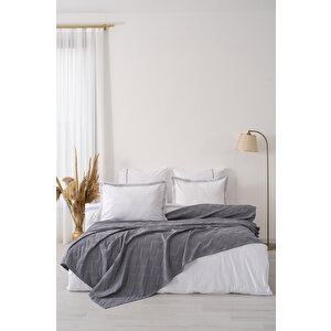 Noemi Gri Çift Kişilik %100 Pamuklu Nevresimli Yatak Örtüsü - 7 Parça Çeyiz Seti