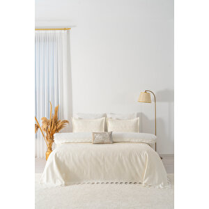 İlay Ekru Nakışlı Çift Kişilik Nevresimli Pike Seti - 8 Parça Çeyiz Seti