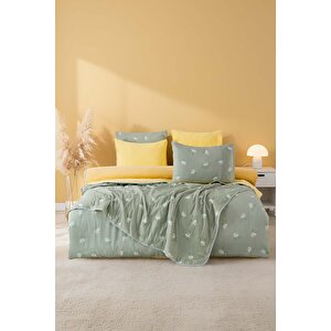 Yeşil Papatya Çift Kişilik Nevresimli Pike Takımı - 7 Parça Çeyiz Seti