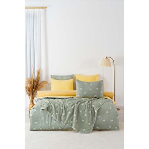 Yeşil Papatya Çift Kişilik Nevresimli Pike Takımı - 7 Parça Çeyiz Seti