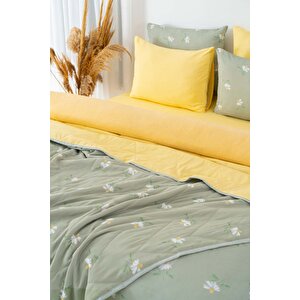 Yeşil Papatya Çift Kişilik Nevresimli Pike Takımı - 7 Parça Çeyiz Seti