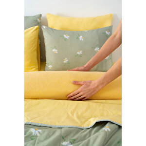 Yeşil Papatya Çift Kişilik Nevresimli Pike Takımı - 7 Parça Çeyiz Seti