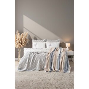 Mode Gri Nakışlı Çift Kişilik Nevresimli Battaniye Seti - 8 Parça Çeyiz Seti