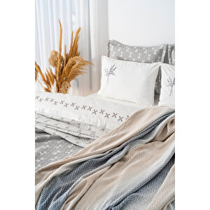 Mode Gri Nakışlı Çift Kişilik Nevresimli Battaniye Seti - 8 Parça Çeyiz Seti