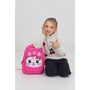 Sevimli Tavşan Figürlü Fuşya Anaokulu Kreş Çantası 4 Bölmeli Kız Çocuk Sırt Çantası