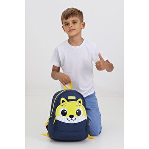 Tilki Figürlü Lacivert Anaokulu Kreş Çantası 4 Bölmeli Erkek Kız Çocuk Sırt Çantası