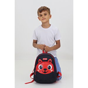 Tilki Figürlü Siyah Kırmızı Anaokulu Kreş Çantası 4 Bölmeli Erkek Çocuk Sırt Çantası