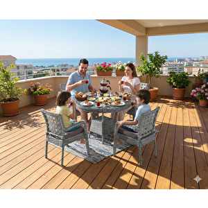 Tuna Modern Gri Rattan 4 Kişilik Yuvarlak Masa Ve Sandalye Takımı – Minderli Bahçe Balkon Mobilyası