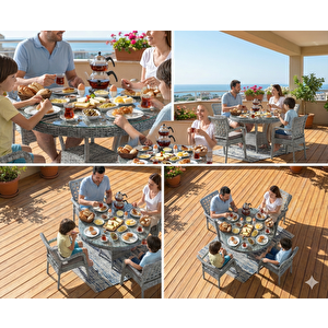 Tuna Modern Gri Rattan 4 Kişilik Yuvarlak Masa Ve Sandalye Takımı – Minderli Bahçe Balkon Mobilyası