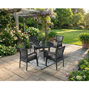 Tuna Modern Antrasit Gri Rattan 4 Kişilik Yuvarlak Masa Ve Sandalye Takımı – Minderli Bahçe Balkon Mobilyası