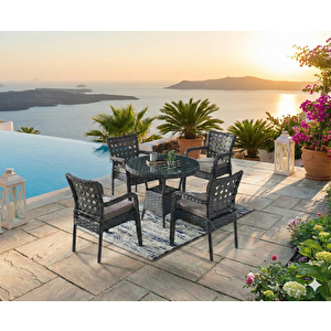 Tuna Modern Antrasit Gri Rattan 4 Kişilik Yuvarlak Masa Ve Sandalye Takımı – Minderli Bahçe Balkon Mobilyası