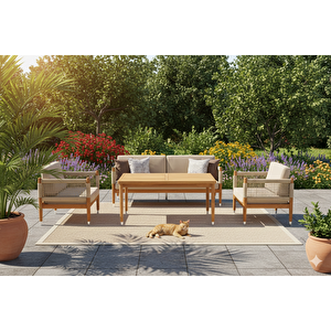 Estella Masif Ahşap İroko Ağacı Bahçe Balkon Oturma Grubu 3+1+1+masa