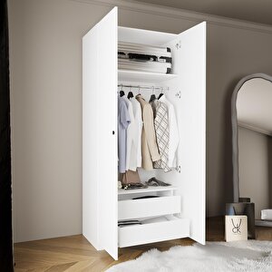Ka6040 Goss 90 Cm Kapaklı,2 Çekmeceli, Askılı Ve Raflı Beyaz Dolap, Modern Yatak Odası Gardırobu