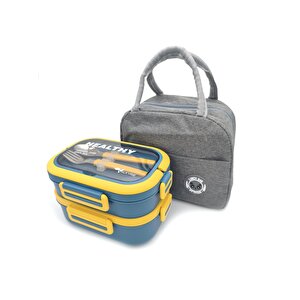 304 Çelik Bölmeli Lunch Box Seti | Termal Çantalı, Bölmeli, Çatal Kaşıklı, Sızdırmaz Yemek Kabı Sarı-yeşil