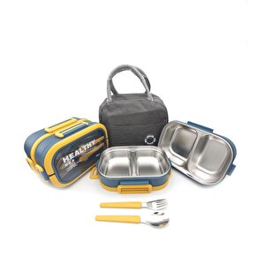 304 Çelik Bölmeli Lunch Box Seti | Termal Çantalı, Bölmeli, Çatal Kaşıklı, Sızdırmaz Yemek Kabı Sarı-yeşil