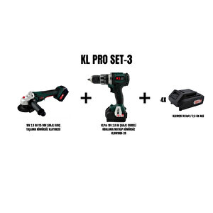 Klpro Set-3 (2.0 Ah 115 Mm Şarjli Avuç Taşlama kömürsüz+2.0 Ah Şarjli Darbeli̇ Vi̇dalama/matkap Kömürsüz)