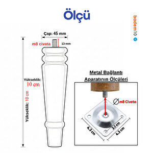 Doğal Boyasız Ahşap Ayak Silindir Mobilya Koltuk Kanepe Ayağı Metal Montaj Aparat & Keçe Bohem 10 Cm