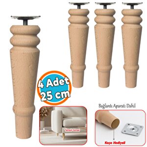 Doğal Boyasız Ahşap Ayak Silindir Mobilya Koltuk Kanepe Ayağı & Montaj Aparat (4 Adet) Bohem 25 Cm