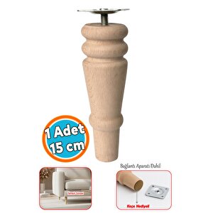 Doğal Boyasız Ahşap Ayak Silindir Mobilya Koltuk Kanepe Ayağı Metal Montaj Aparat & Keçe Bohem 15 Cm