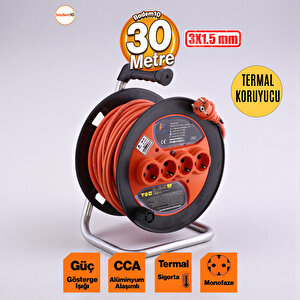 Seyyar Plastik Makaralı Uzatma Kablosu 3x1.5 Mm 30 Metre Termal Sigortalı 4 Prizli Cca Monofaze