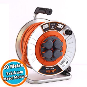 Metal Seyyar Makaralı Uzatma Kablosu % 100 Bakir 40 Metre 3x2.5 Mm Termal Sigortalı Kapaklı 4 Prizli
