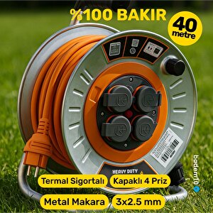Metal Seyyar Makaralı Uzatma Kablosu % 100 Bakir 40 Metre 3x2.5 Mm Termal Sigortalı Kapaklı 4 Prizli